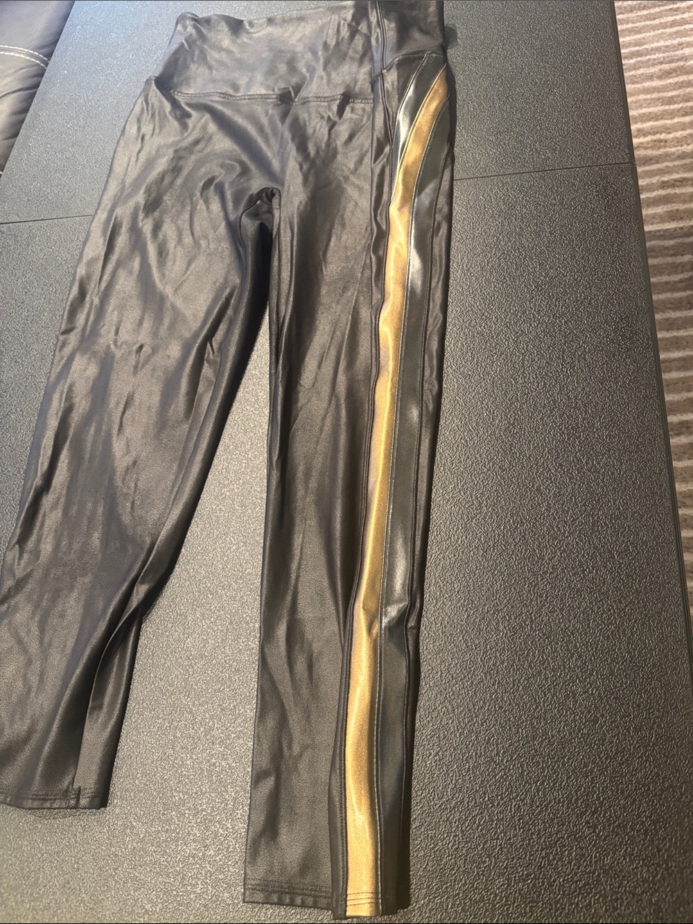 SPANX Black Faux Leather Leggings with Gold & Silver Side Stripe size plus 3X. - Picture 2 of 6